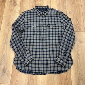 🌟JOHN VARVATOS🌟 DALE DOUBLEFACE PLAID BUTTON FRONT SHIRT NAVY / GREY SZ L